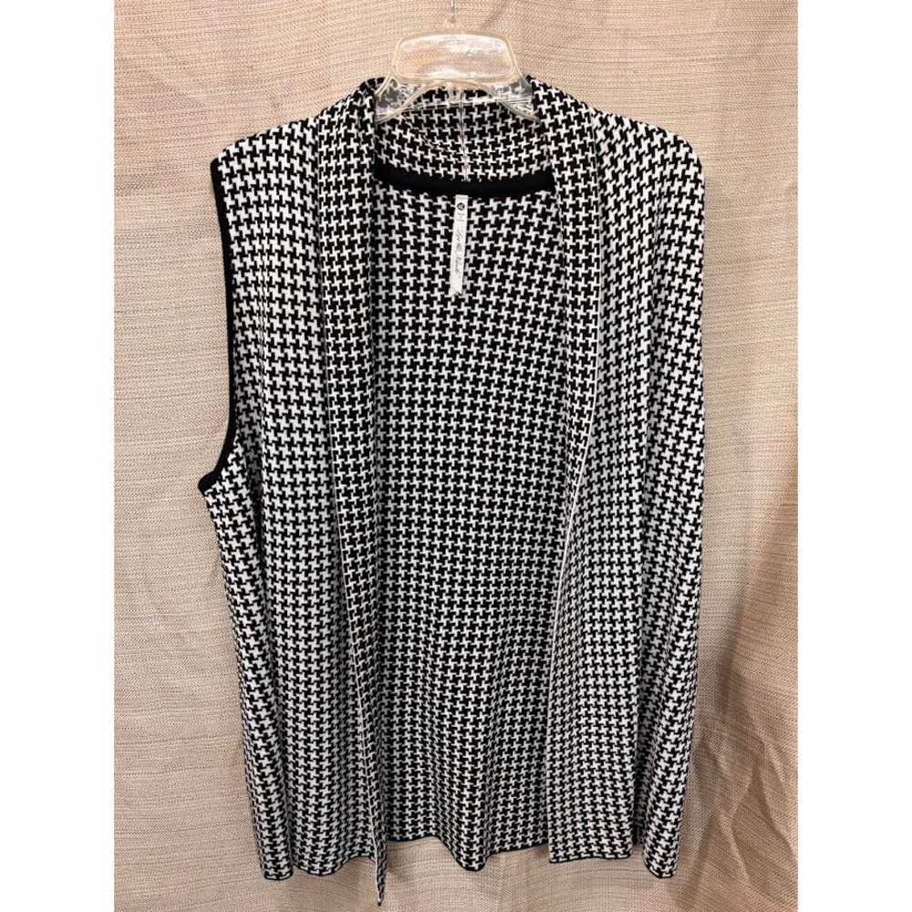 Leo & Nicole Black White Houndstooth Open Front Vest XL Shawl Collar Longline